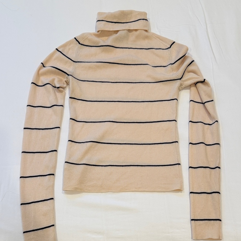 Theory Beige and Black Striped Turtleneck Sweater